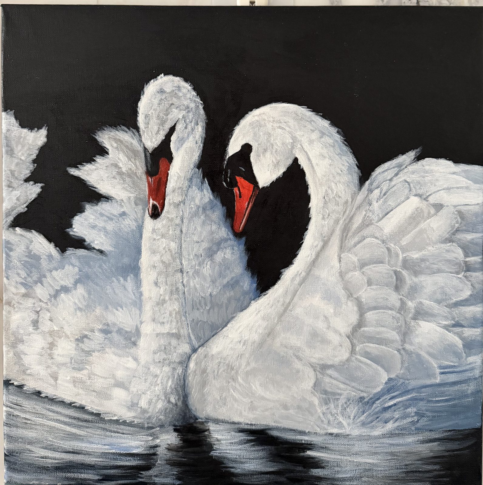 Two white swans on dark water, acrylic painting